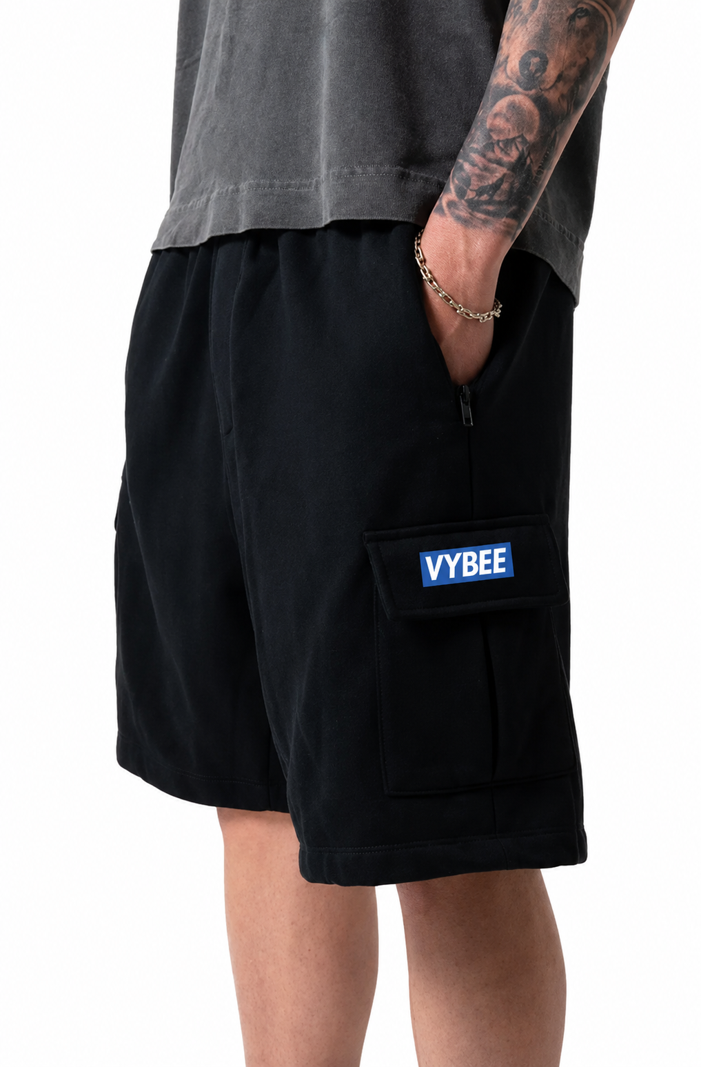 VYBEE Heavy Cargo Shorts BLACK  — Urban Sweat 400G