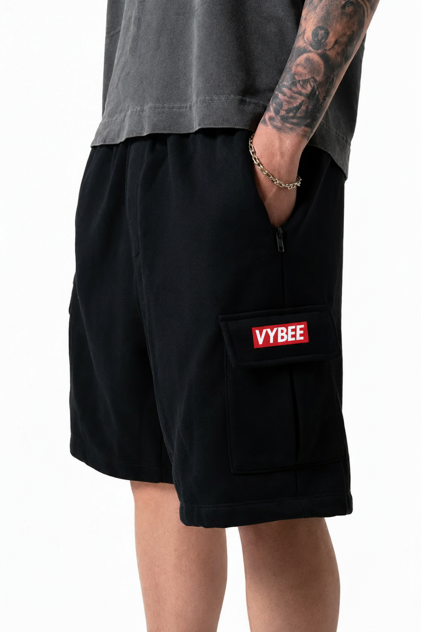 VYBEE Heavy Cargo Shorts BLACK  — Urban Sweat 400G